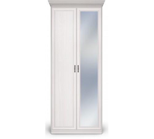 Шкаф 2-х дверный с глухой дверью и зеркальной Неаполь Ясень анкор светлый (патина "серебро")