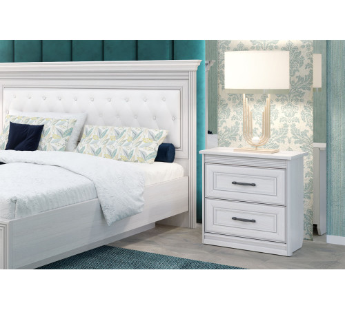 Спальня Неаполь 2 Ясень анкор светлый (патина "серебро") экокожа «polo» белая.